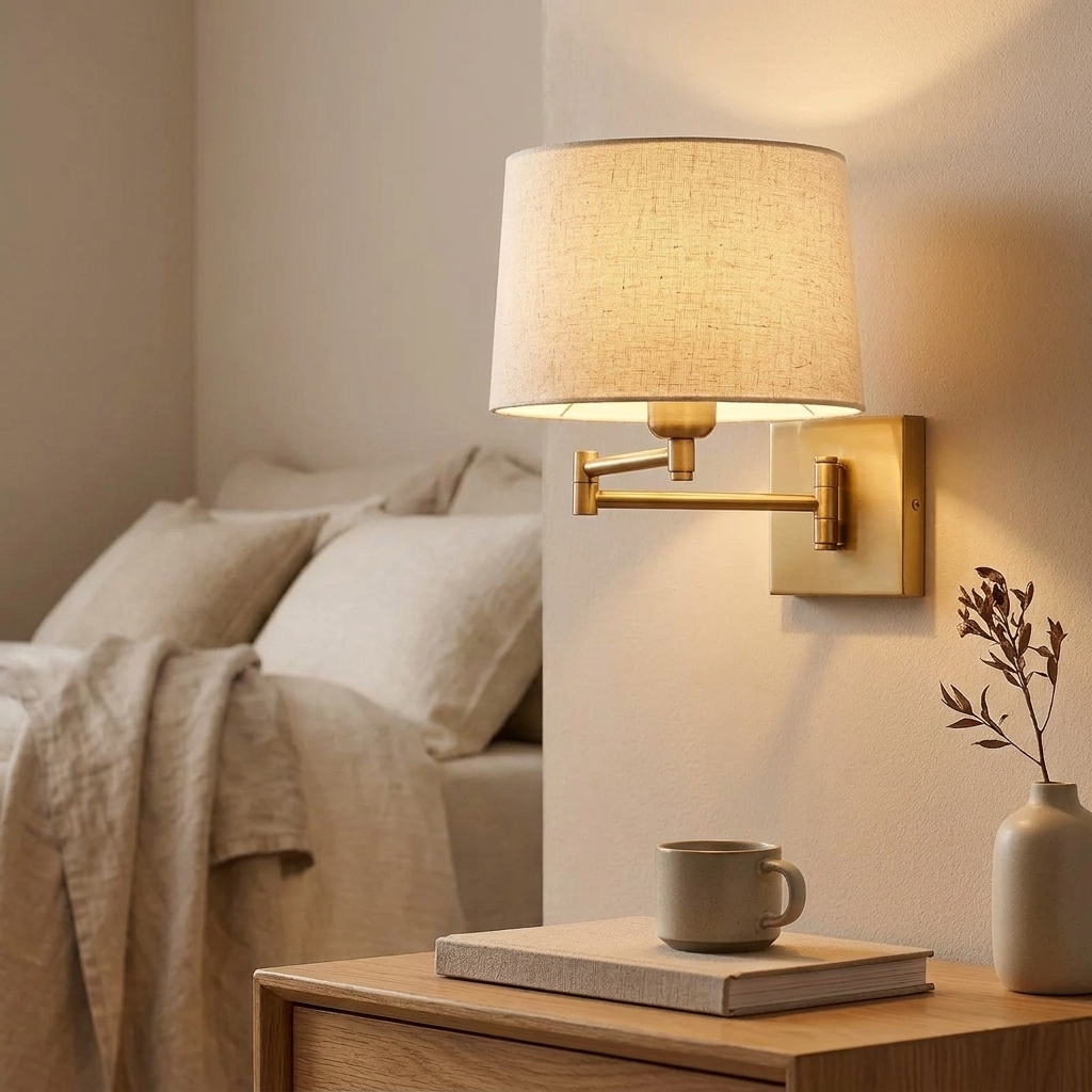 Gold swing-arm wall light glowing above a bedside table