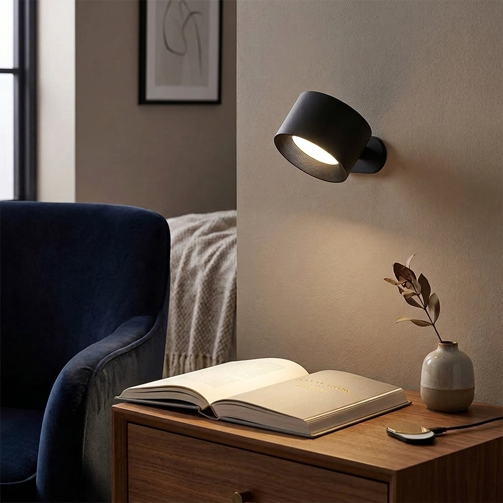 Black rotatable wall light glowing above a reading corner console table