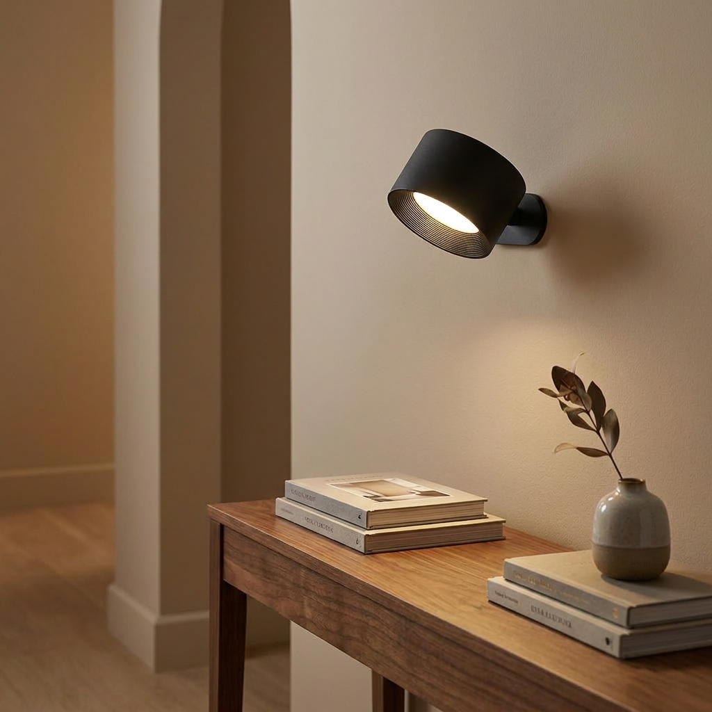 Black rotatable wall light beside books and a vase in a hallway