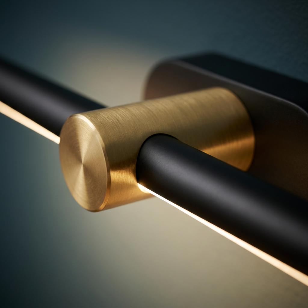 Close-up of brass end mount and black bar finish