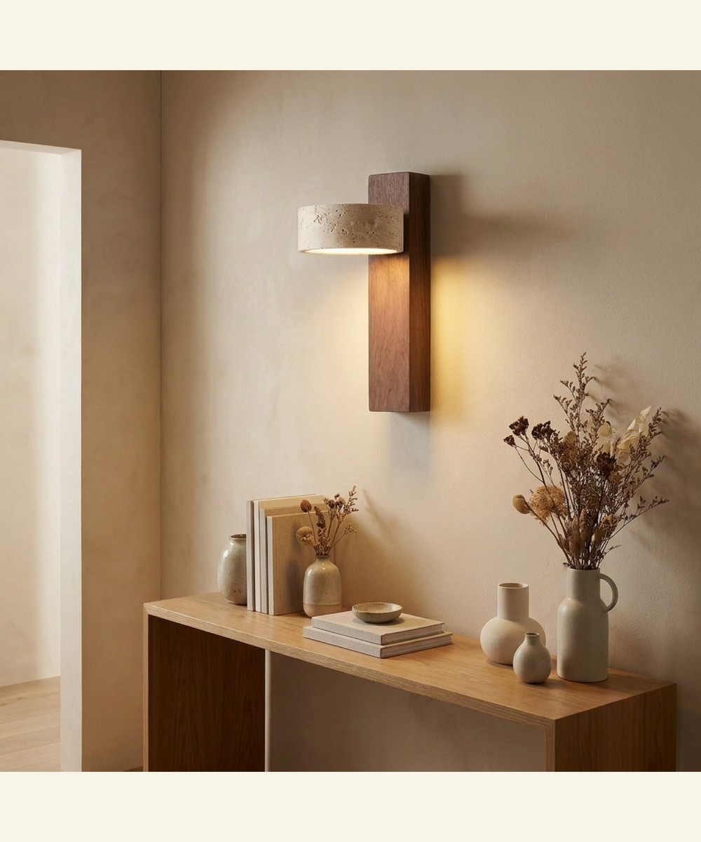 Walnut wood wall light glowing above a hallway console table