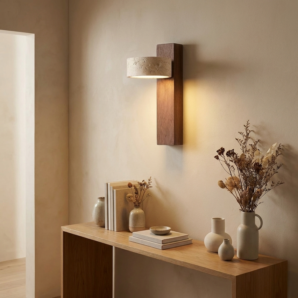 Walnut wood wall light glowing above a hallway console table