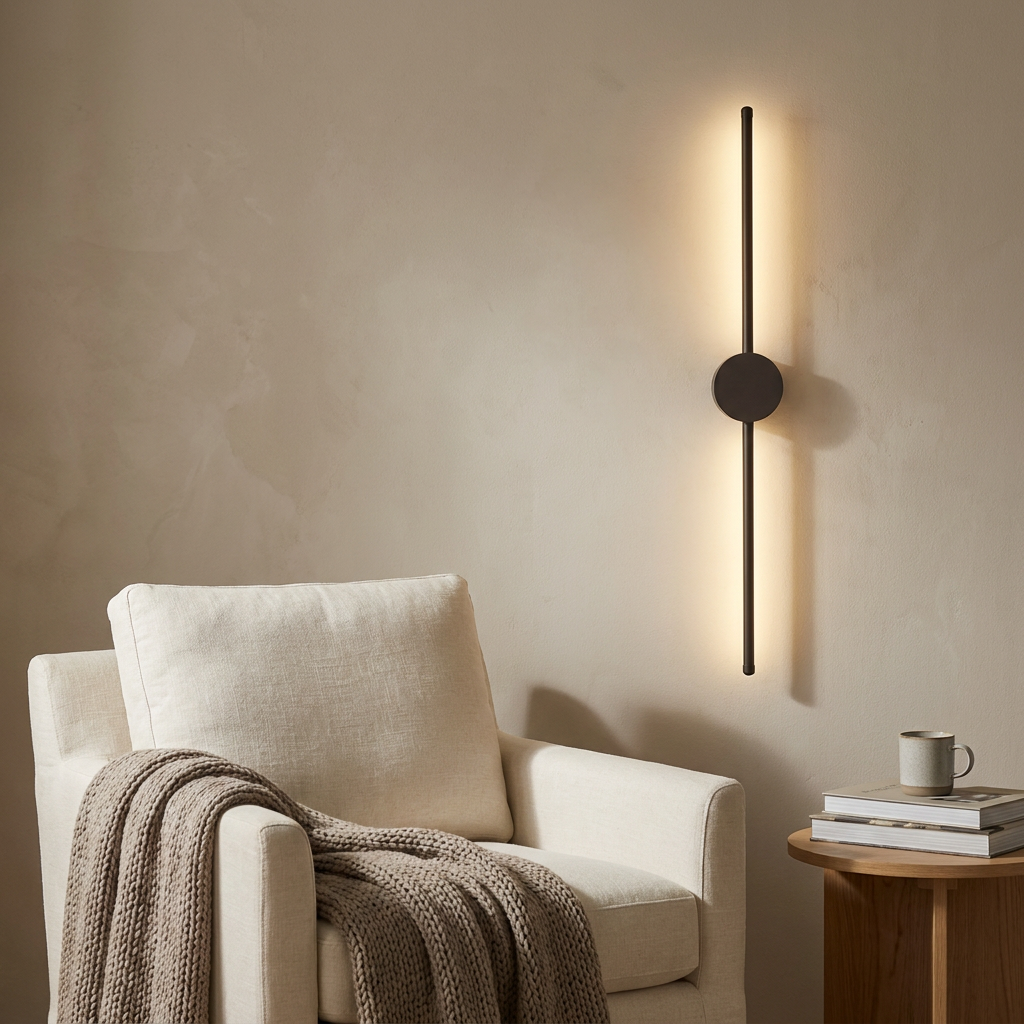 Dark linear wall light glowing beside a reading chair