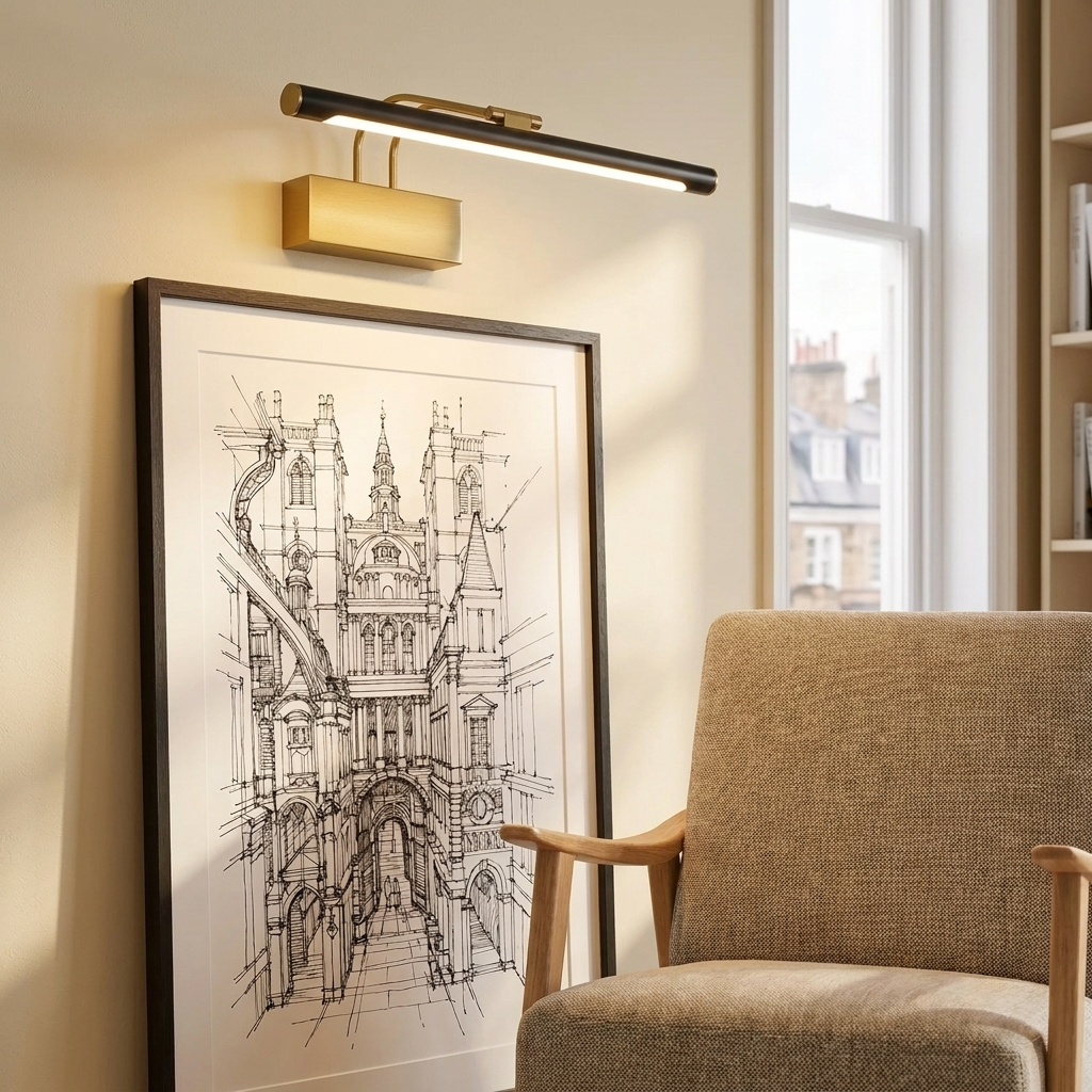 Brass and black picture-style wall light above framed artwork