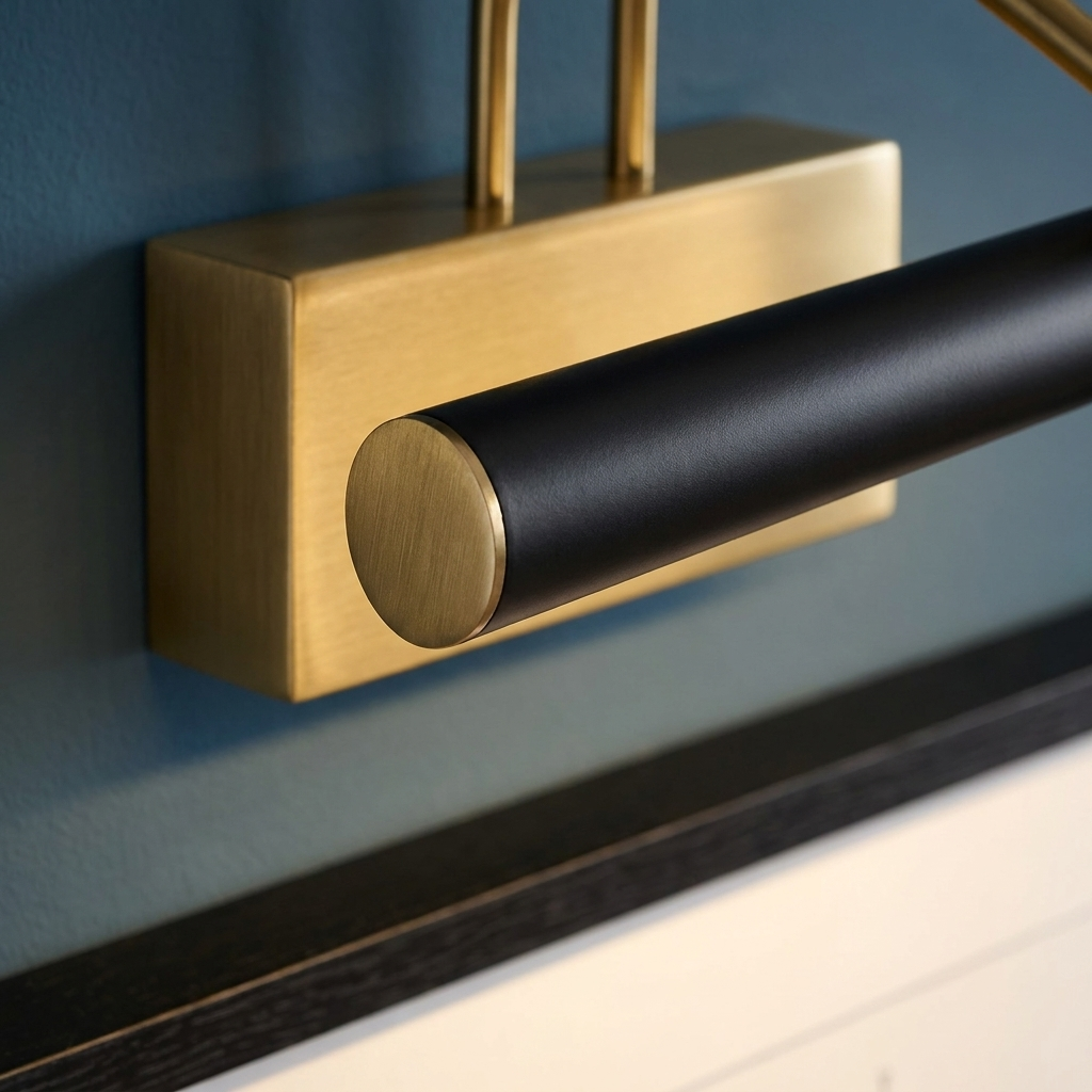 Close-up of brass mount and black bar of picture-style wall light