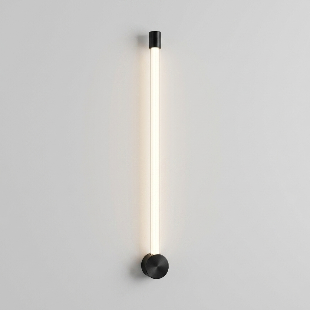 Black vertical linear wall light on plain background