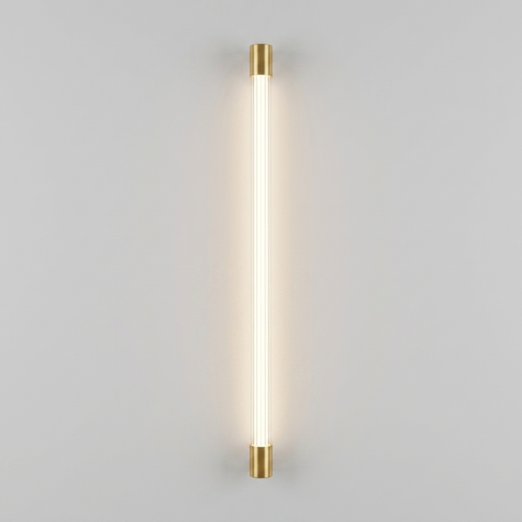 Gold vertical linear wall light on plain background