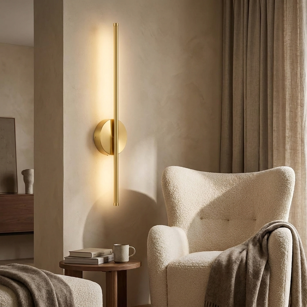 Gold vertical linear wall light glowing beside a reading chair