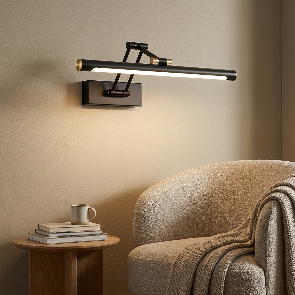 Battery wall light glowing softly beside a living room reading chair