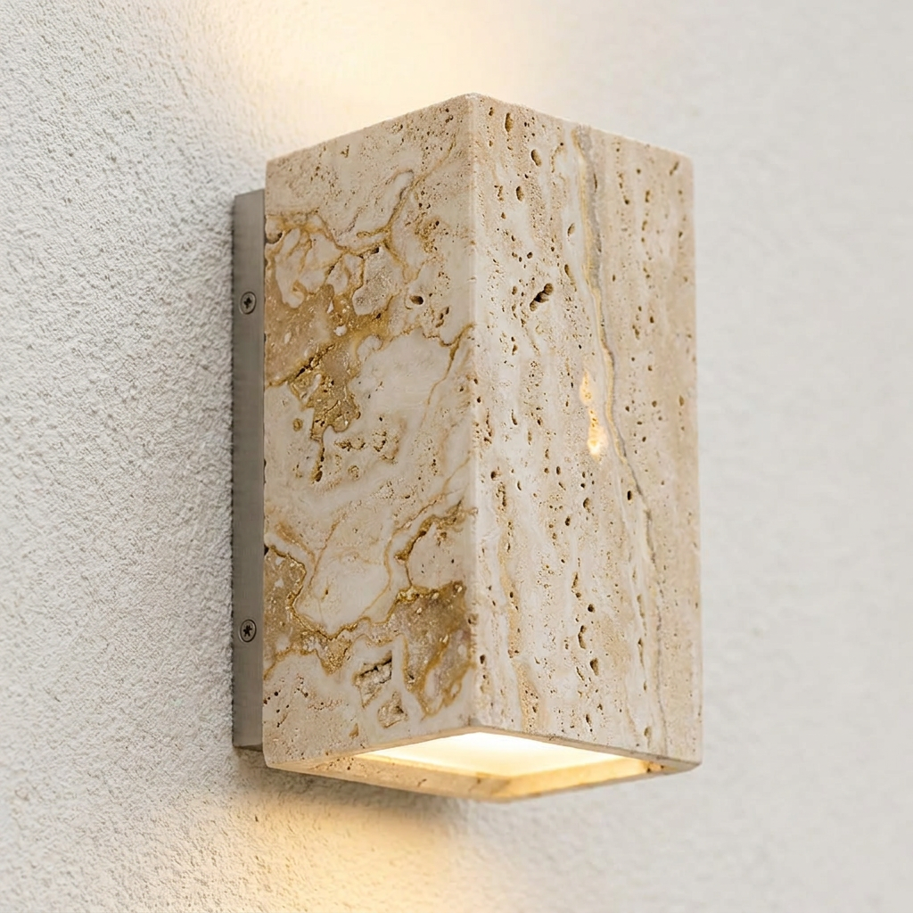 Close-up of natural travertine stone texture on outdoor wall light