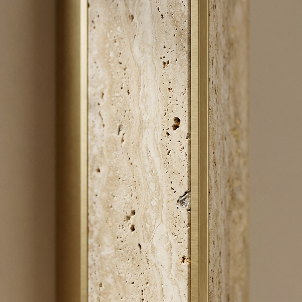 Close-up of travertine texture and gold trim on a Winchester wall light