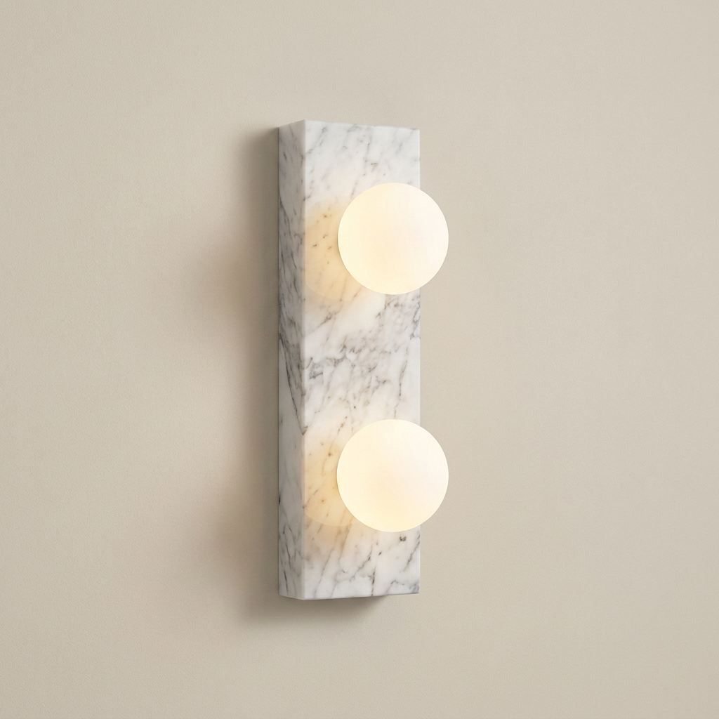 Holland white marble wall light with two glass globes on a clean background