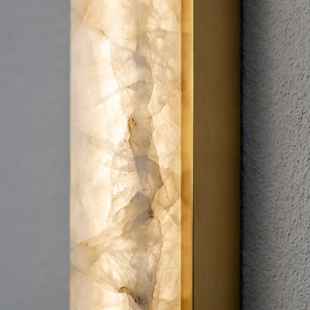 Close-up of alabaster texture and gold edge trim on an Eaton outdoor wall light