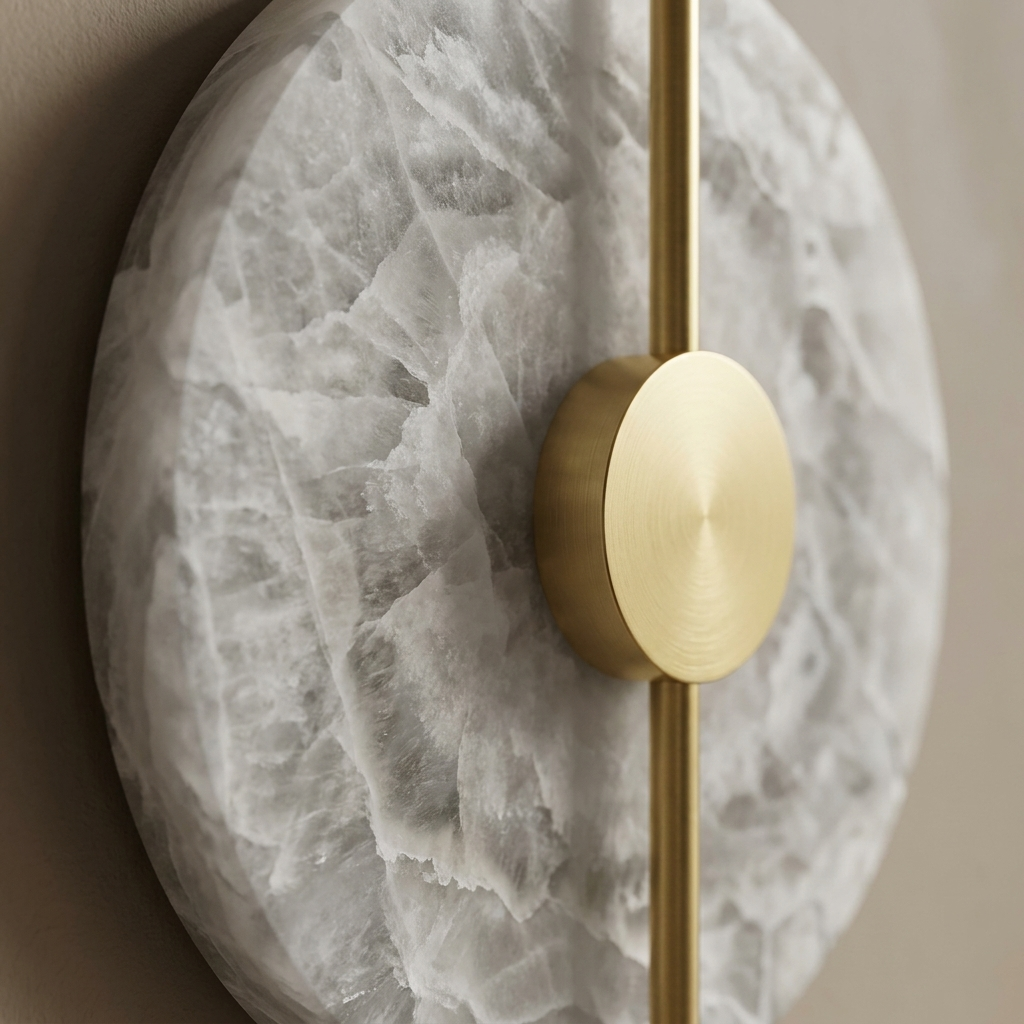Close-up of alabaster veining and gold centre rod on a Chiswick wall light
