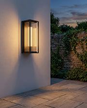 Black rectangular outdoor wall light glowing on a garden wall at dusk