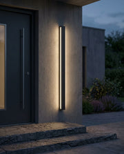 Black linear outdoor wall light beside a front door with warm evening glow