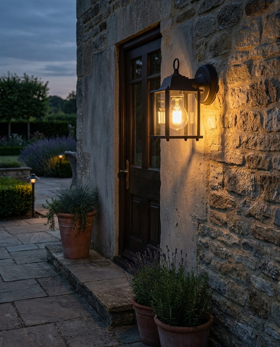 Black cage-style lantern outdoor wall light beside a side entrance door