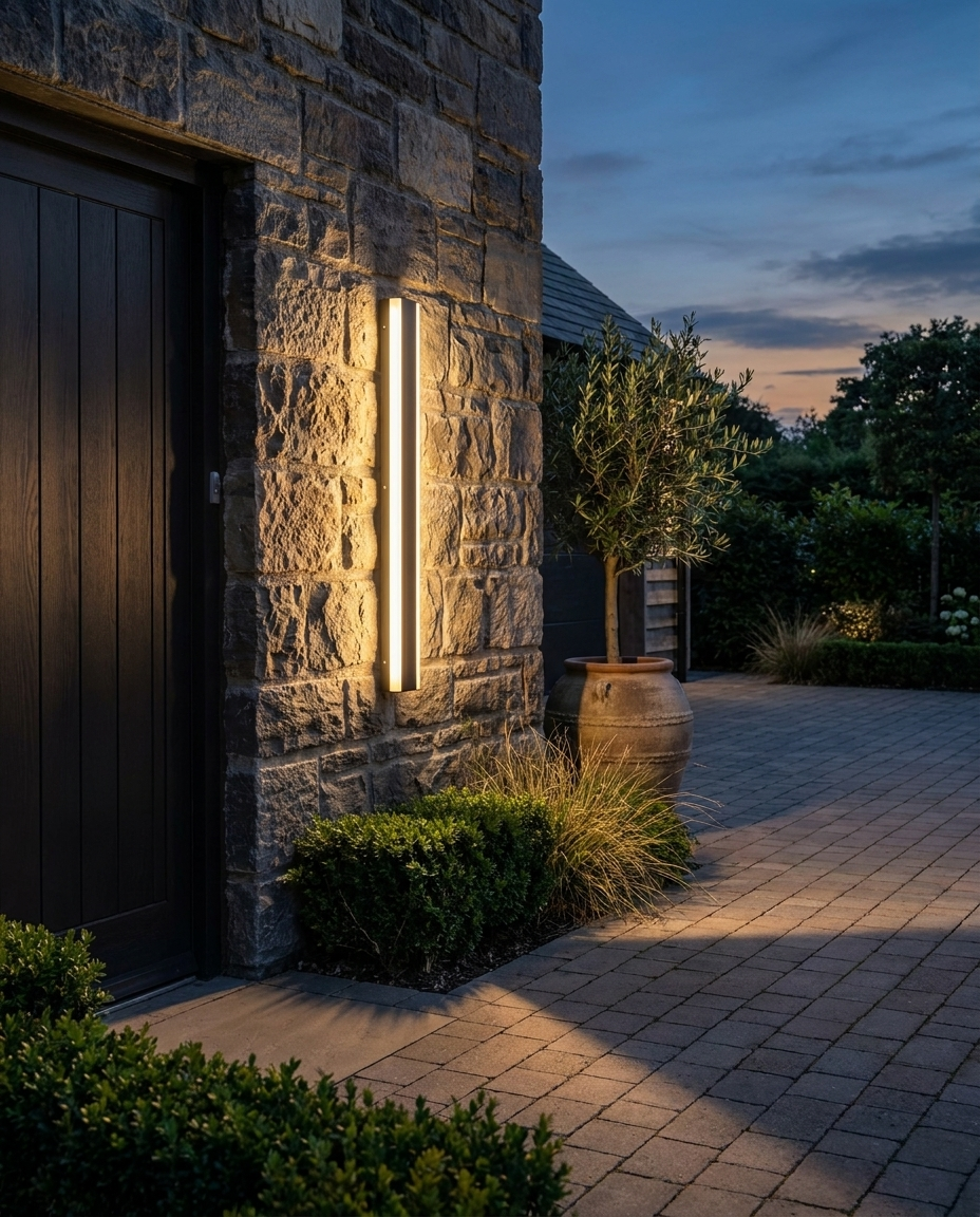 Black linear LED outdoor wall light beside a driveway entrance at dusk