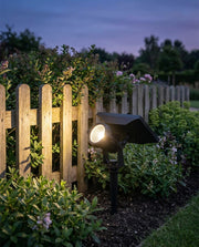 Solar garden spike spotlight uplighting a wooden fence and shrub border at dusk