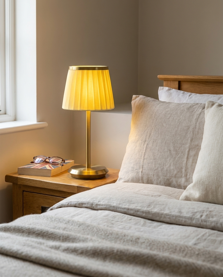 Gold cordless table lamp with pleated fabric shade glowing on a bedside table