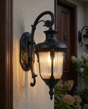 Black large outdoor wall lantern beside a front door at dusk