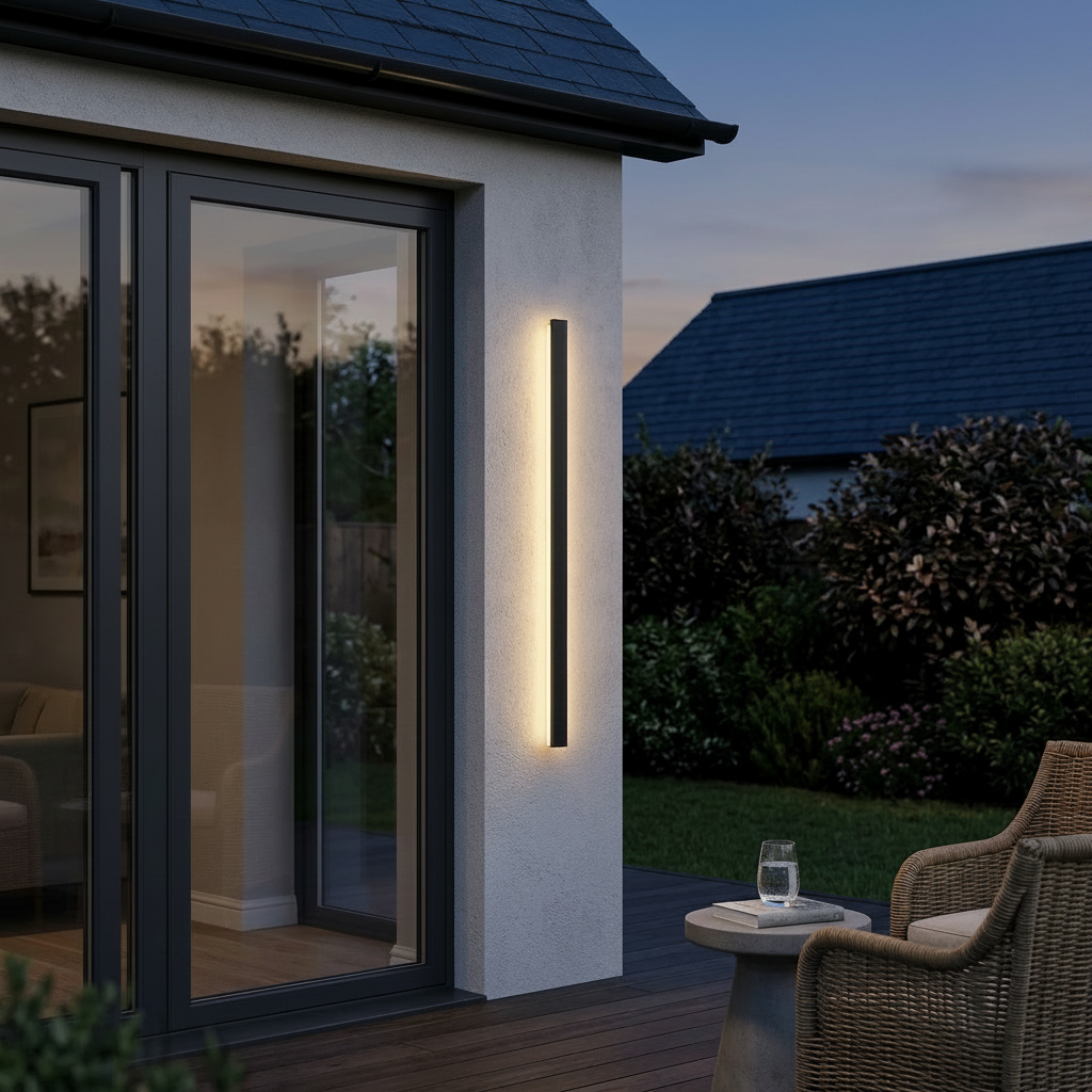 Alder Short Waterproof Outdoor Wall Light - Black, wall-mounted beside patio doors at dusk