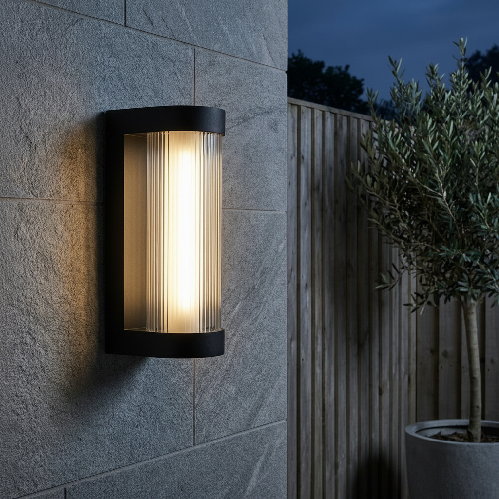 Farringdon Large Rectangular Outdoor Wall Light - Black with ribbed glass diffuser, on a stone wall at dusk