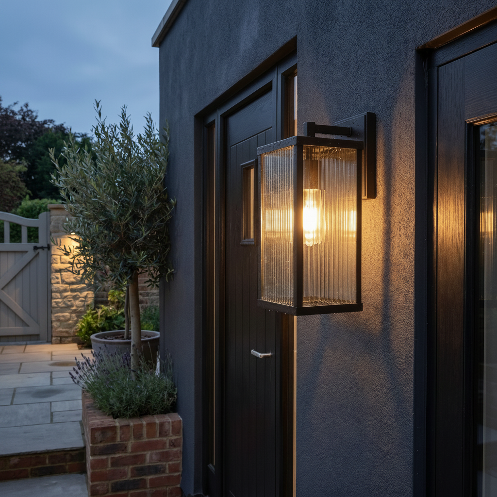 Mayfield Waterproof IP55 Solar Outdoor Light - black reeded-glass box lantern beside a front door at dusk