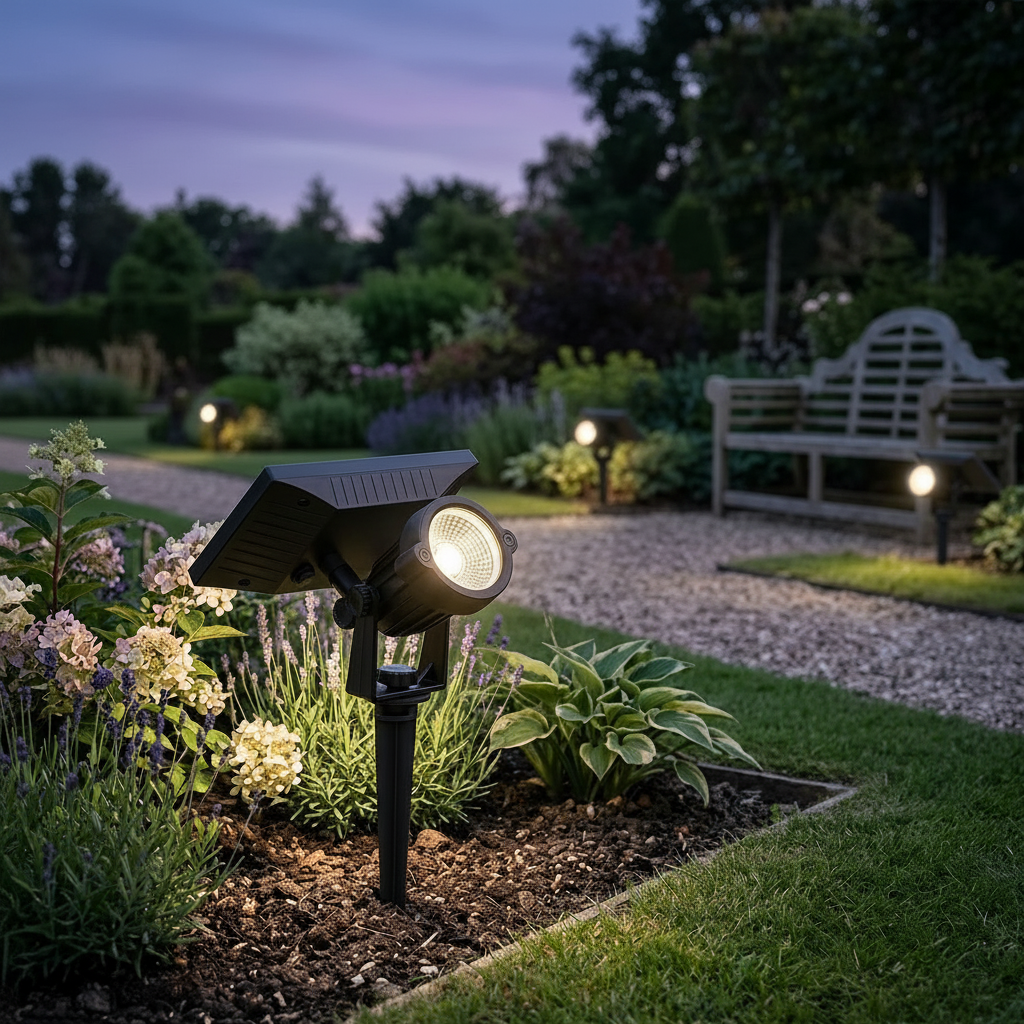 York Waterproof Solar Outdoor Light - black solar spike spotlight in a garden border at dusk
