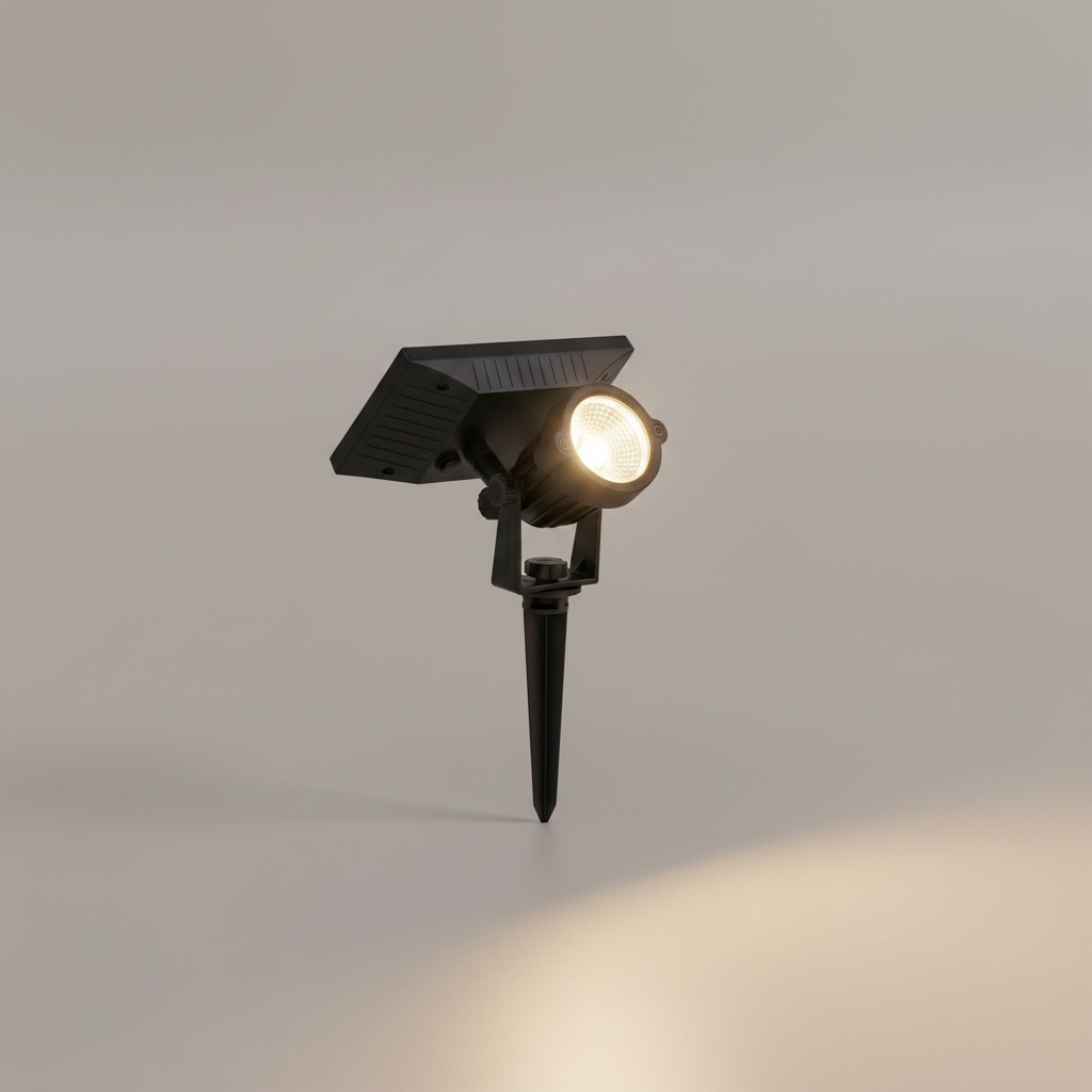 York Waterproof Solar Outdoor Light - black solar spike spotlight on a clean studio background