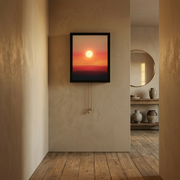 Finchley Battery Wall Light - black-framed illuminated sunset panel with pull cords, in a hallway