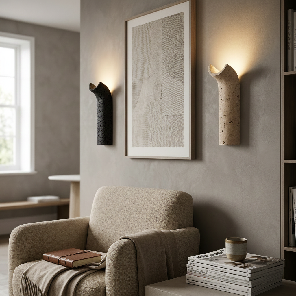 Dorset Travertine Wall Light - beige and black finishes, in a living room