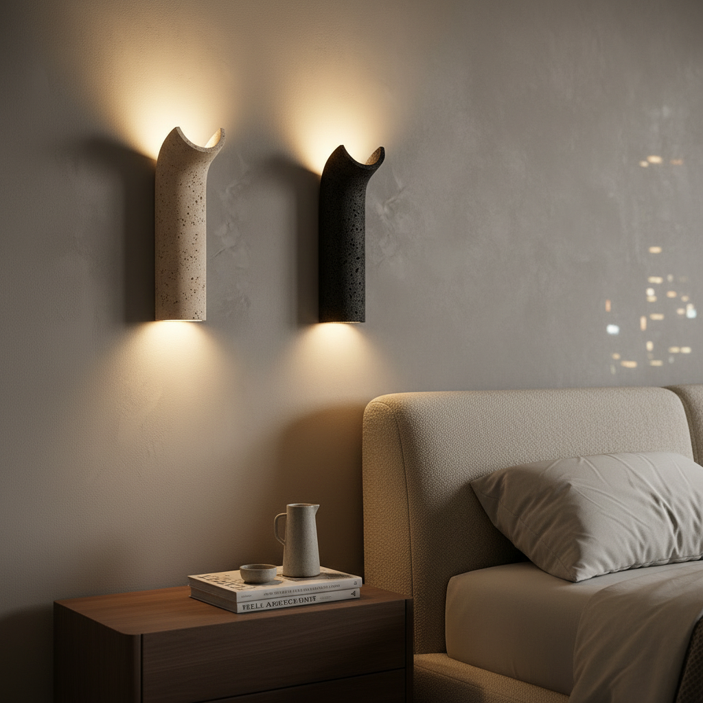Dorset Travertine Wall Light - beige and black finishes, in a bedroom