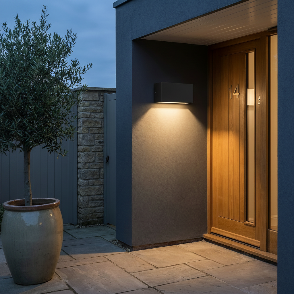 Oslo Long IP65 Outdoor Wall Light - Black, on an exterior wall at dusk