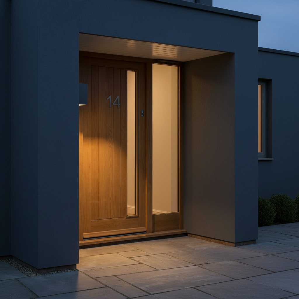 Oslo Long IP65 Outdoor Wall Light - Black, beside a front door at night