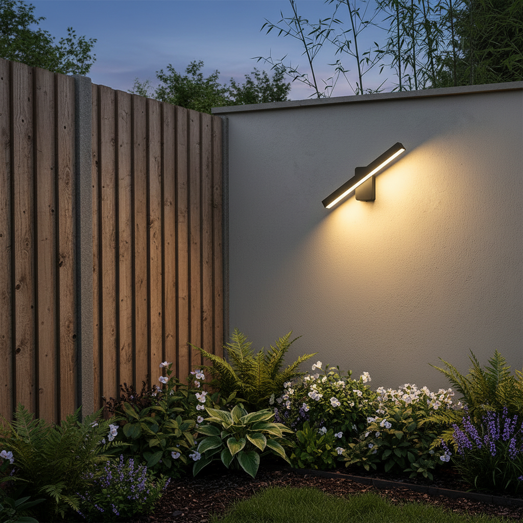 Oslo Short IP65 Outdoor Wall Light - Black, on a garden fence-side wall at dusk