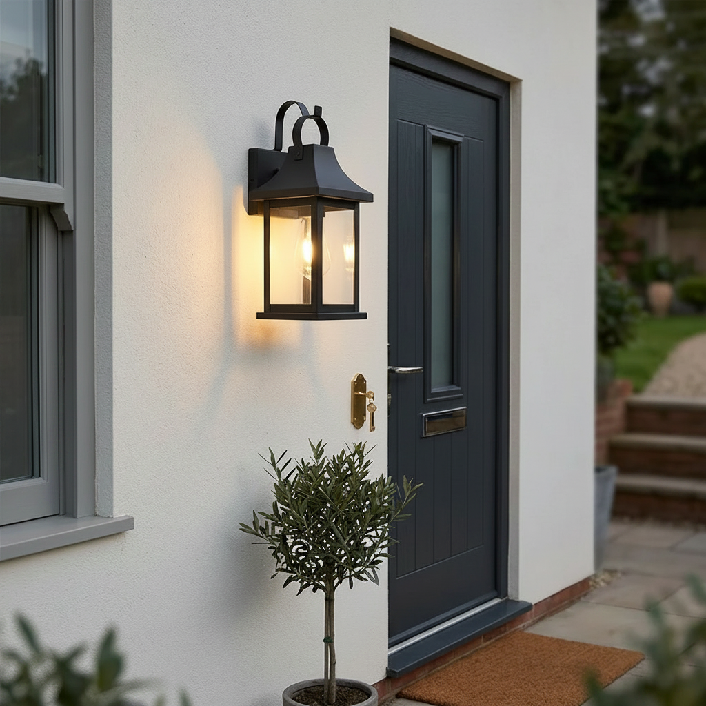 Soho Glass Outdoor Wall Light - Black, on an exterior wall at dusk