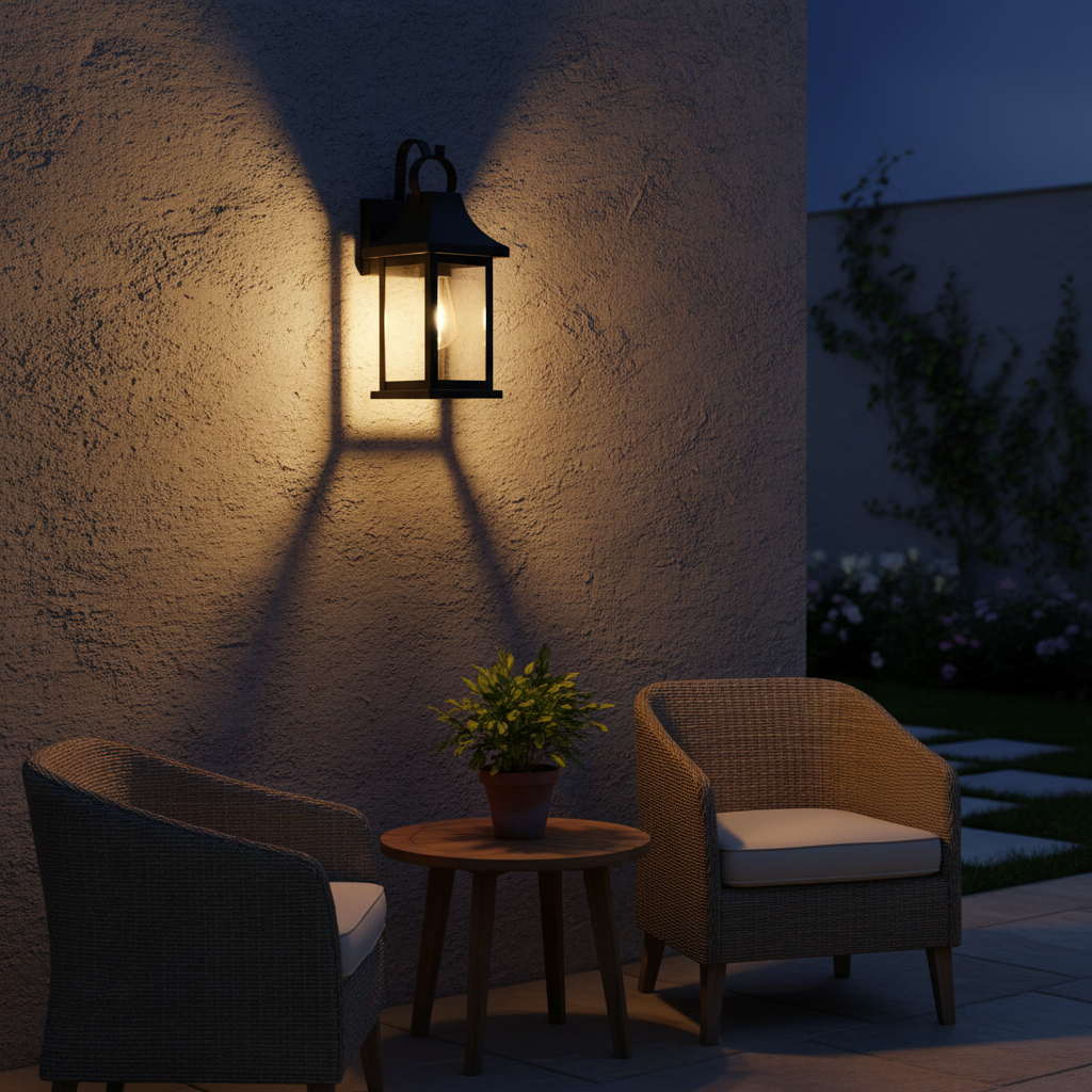 Soho Glass Outdoor Wall Light - Black, on a courtyard garden wall at night