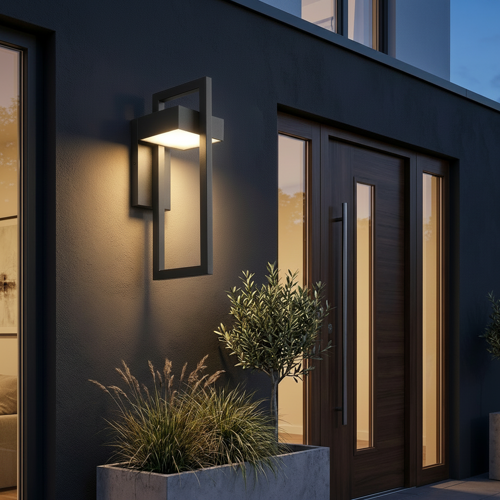 Bayswater Large Geometric Outdoor Wall Light - Black, on an exterior wall at dusk