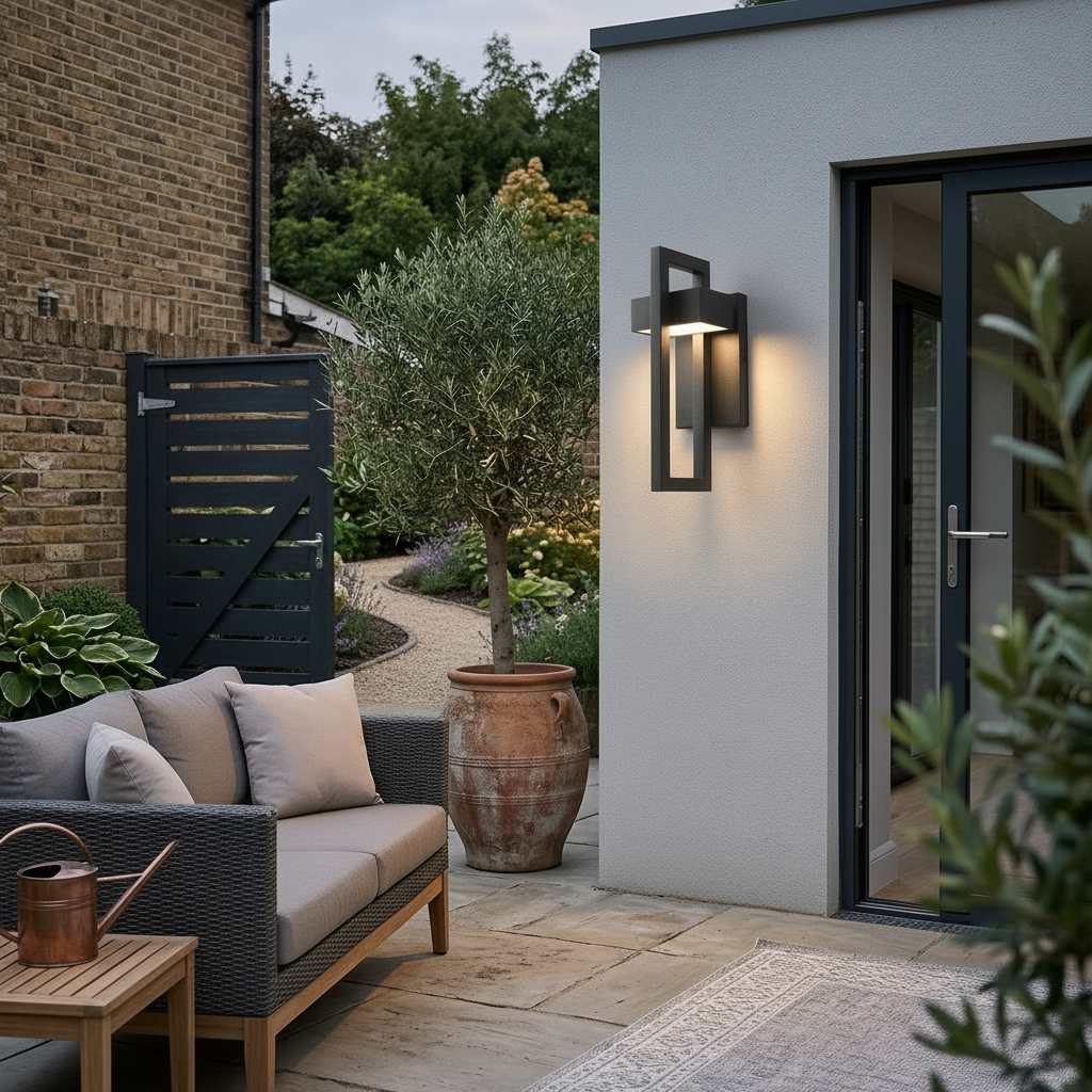 Bayswater Small Geometric Outdoor Wall Light - Black, beside a garden path at dusk