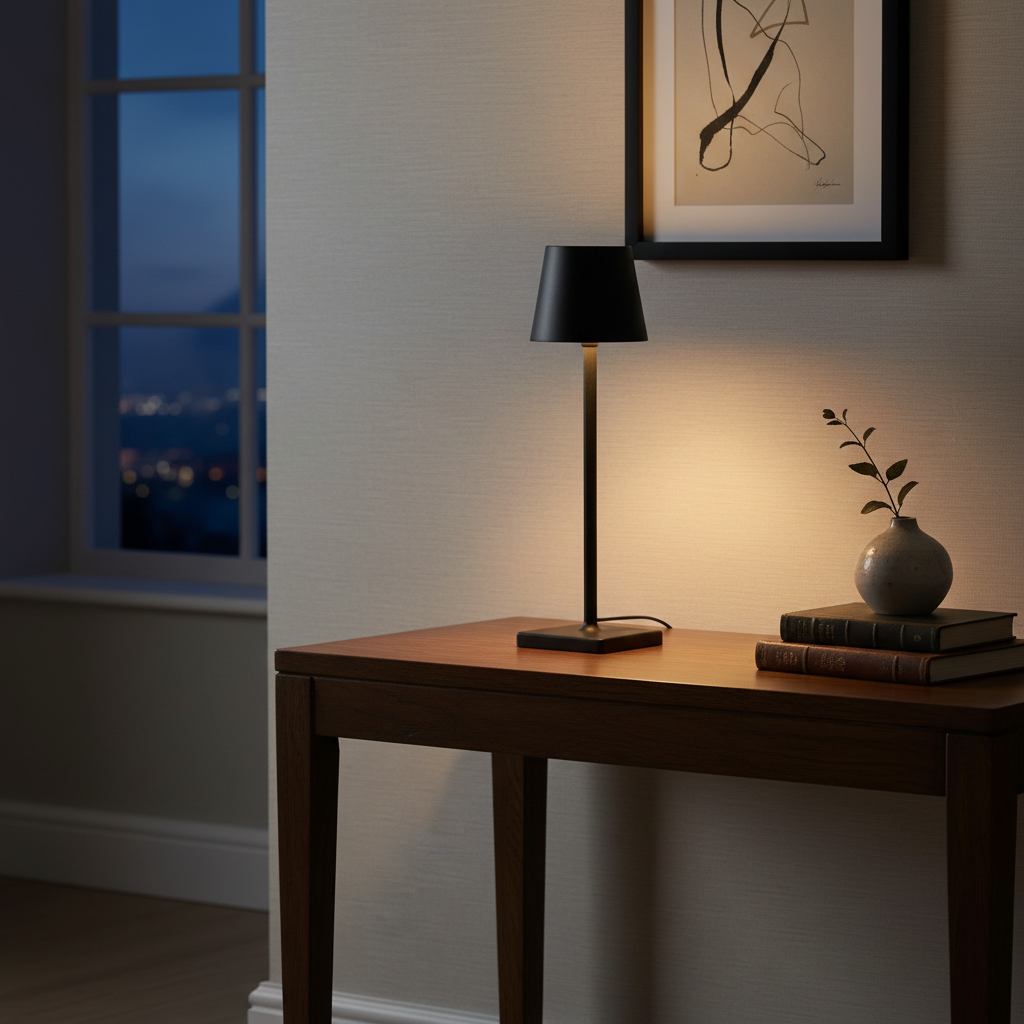 Lynton Cordless Table Lamp - Black, on a console table