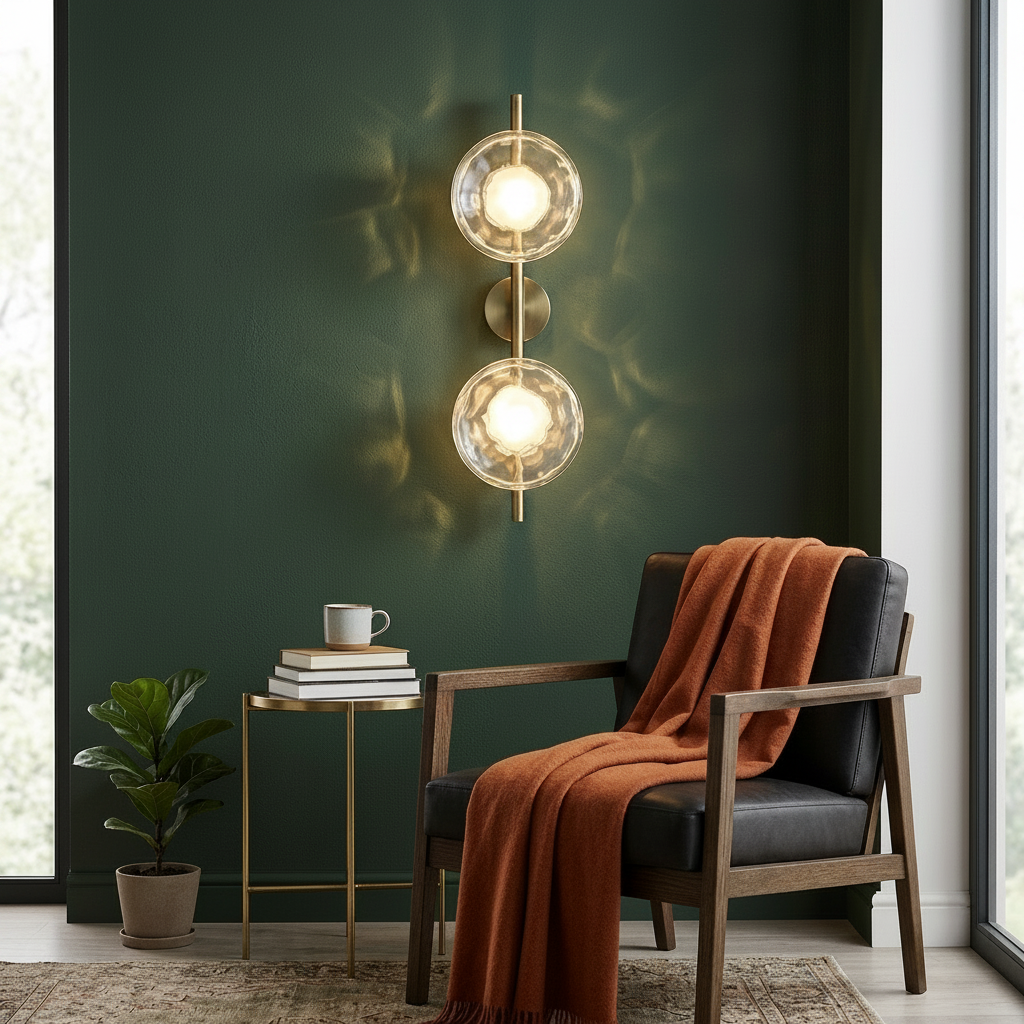 Moreton Glass Round Wireless Wall Sconce - Gold, in a reading corner