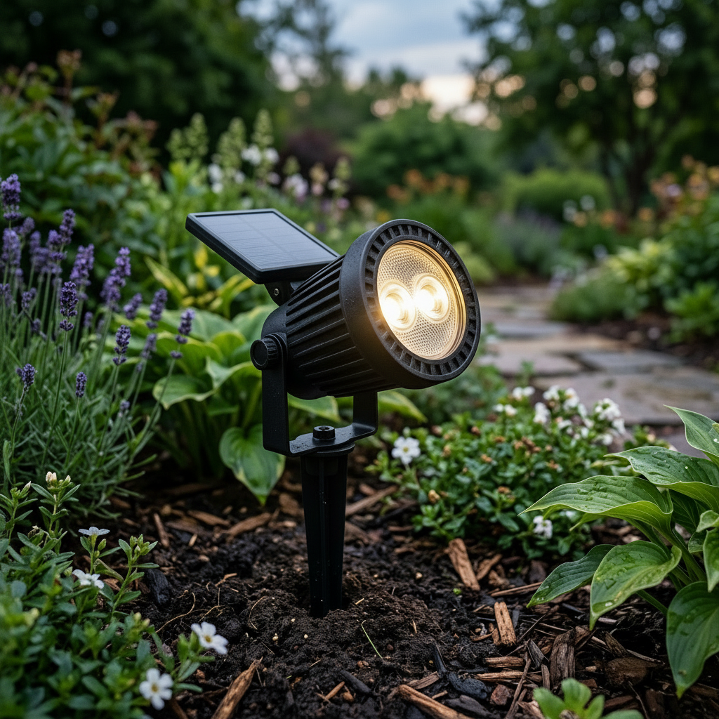 Oxford Solar Waterproof Outdoor Light 2 LED - Black, in a garden border at dusk