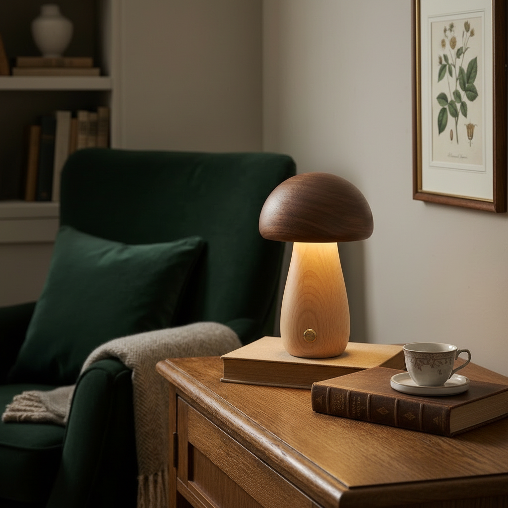 Parker Wood Mushroom Cordless Table Lamp - Walnut, on a side table