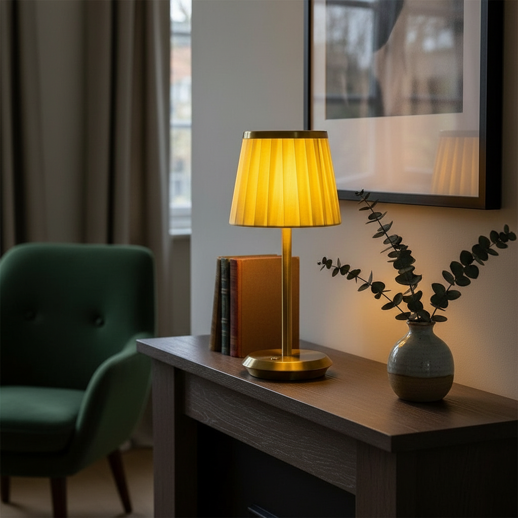 Pimlico Fabric Cordless Table Lamp on a console table