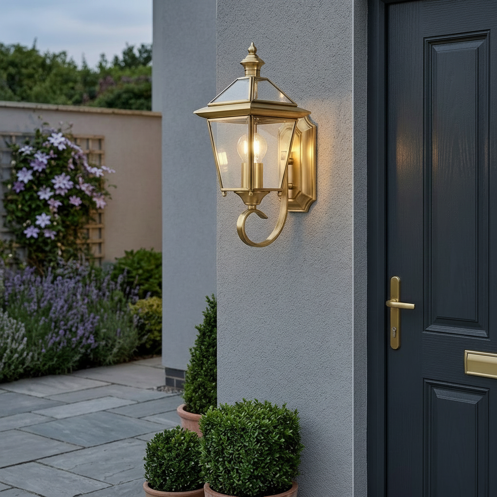 Portobello Brass Lantern Outdoor Wall Light beside a front door at dusk