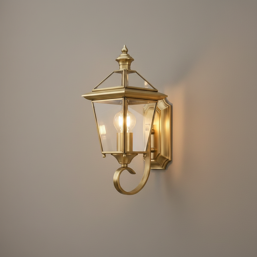Portobello Brass Lantern Outdoor Wall Light on a clean studio wall
