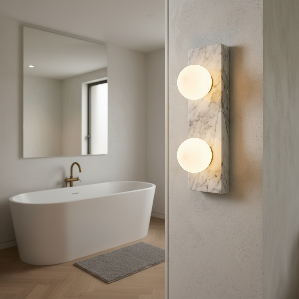 Holland White Marble Wall Light with two glass globes, in a bathroom