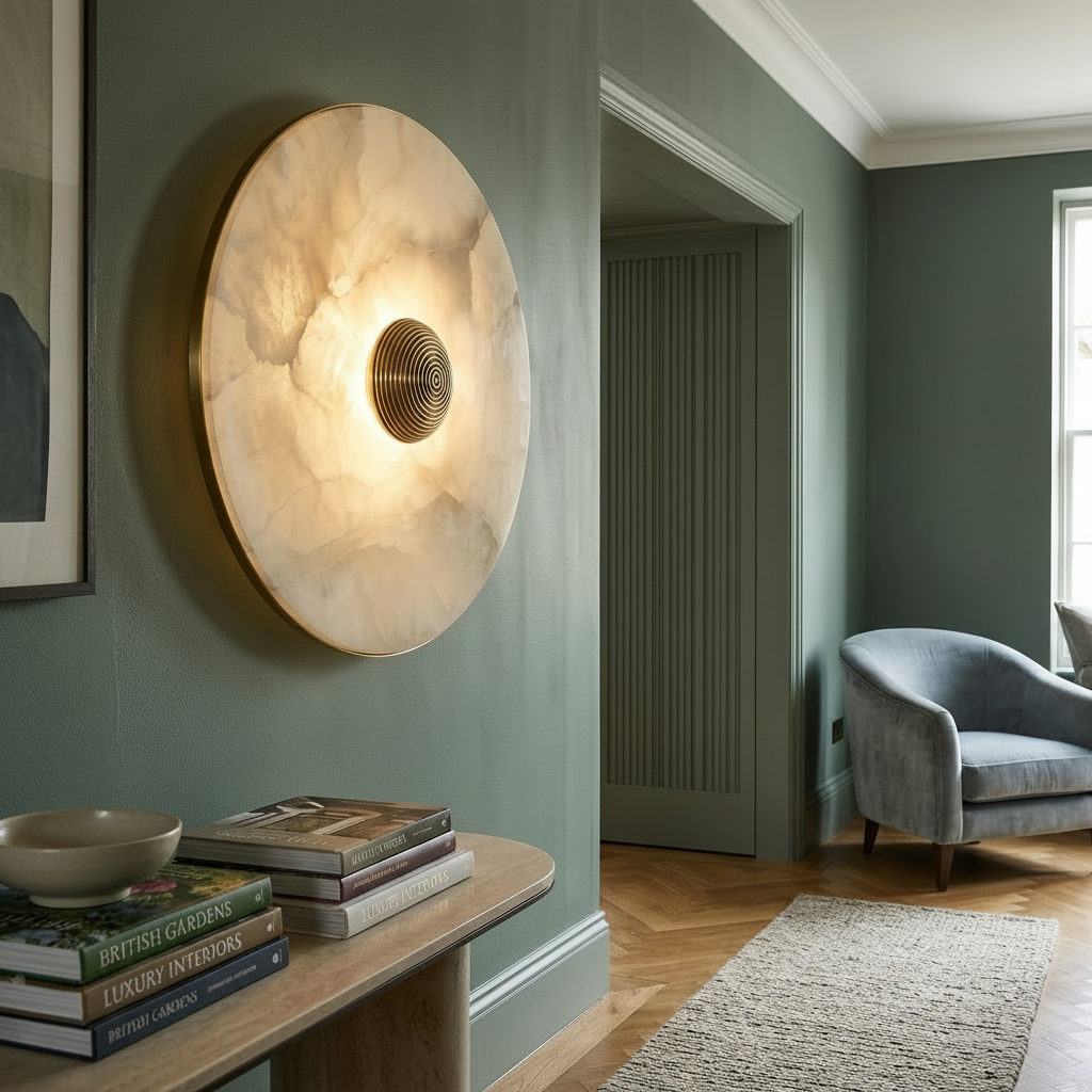 Kingston Alabaster Wall Light with brass centre knob, in a hallway