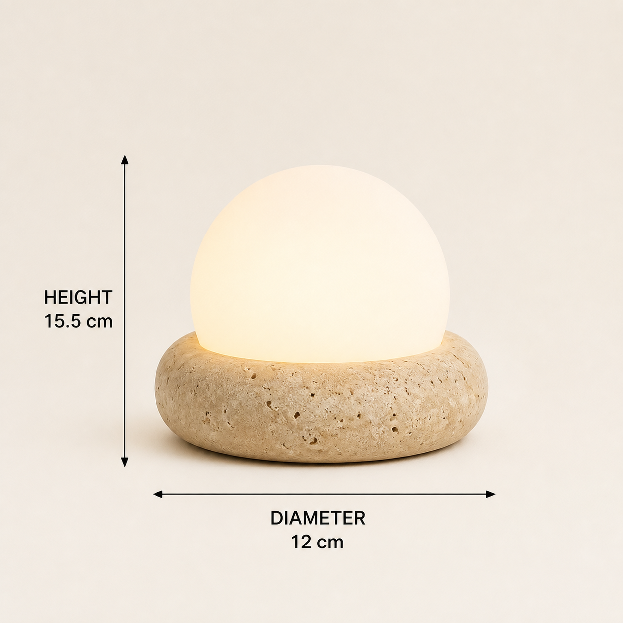 Huxley travertine-style cordless table lamp dimensions: 15.5 cm high and 12 cm diameter